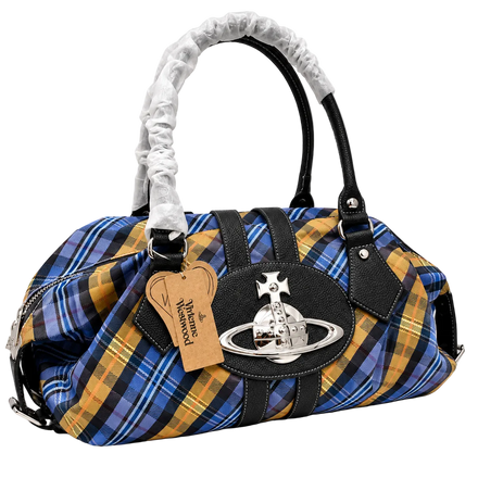 Vivienne Westwood Inspired Tartan Plaid Orb Handbag Top Handle Blue Yellow ♱