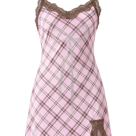 Pink Daydream Plaid Lace Mini Dress ૮₍ ˶ᵔ ᵕ ᵔ˶ ₎ა ♡